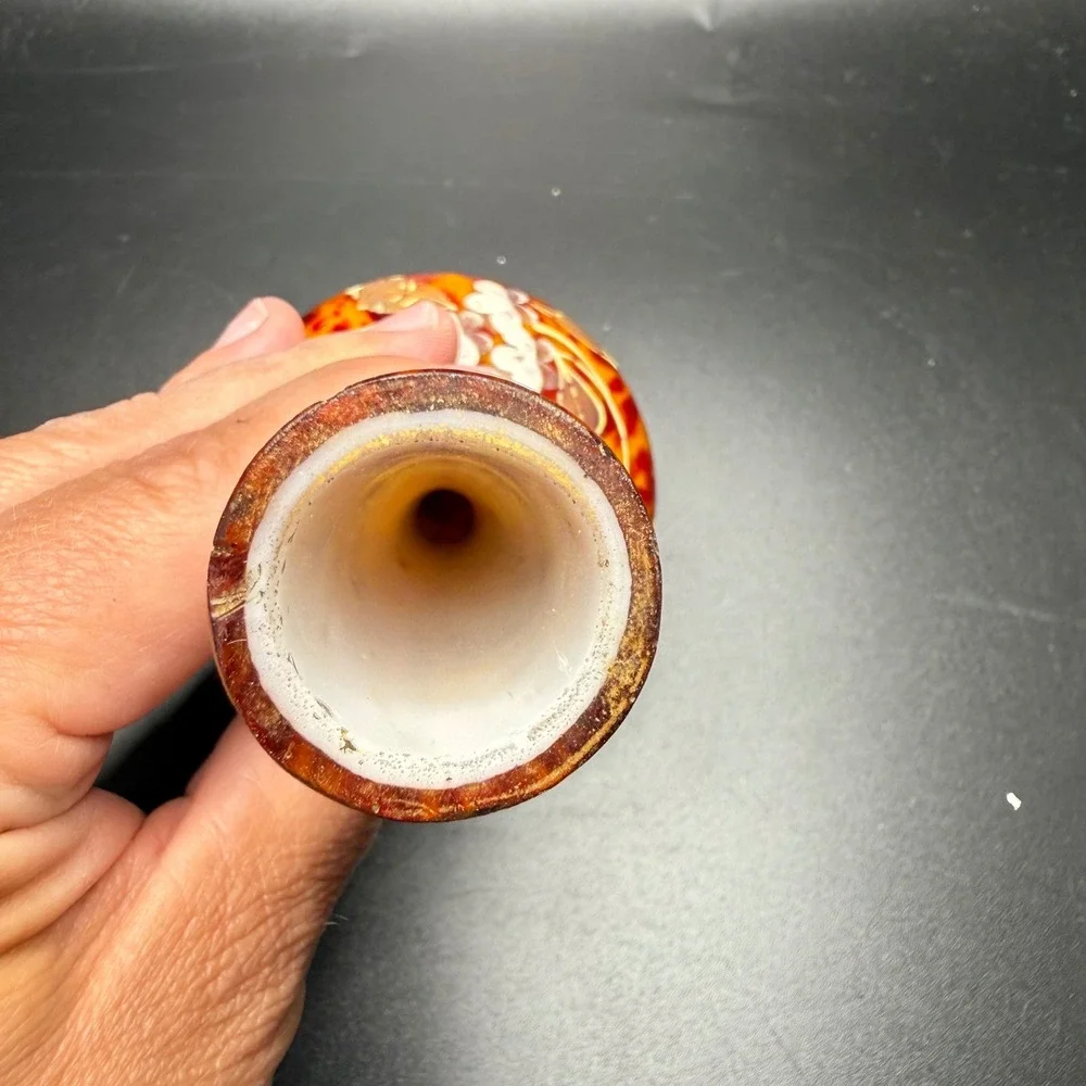 Vintage Hand Blown Art Glass Vase Orange Red Enamel Floral Hand Painted 5.5 inch
